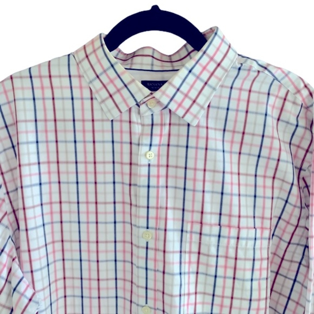 Banana Republic long sleeve button down white blue red plaid shirt men’s Neck 17